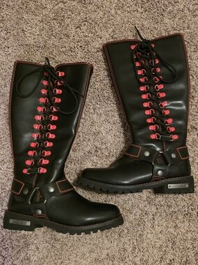 Women's Black Lace-Up Boots with Red Accents